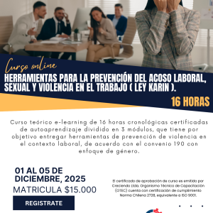 CURSO ONLINE - Herramientas para la prevención del acoso laboral, sexual y violencia en el trabajo (Ley Karin) - 01 de diciembre 2025